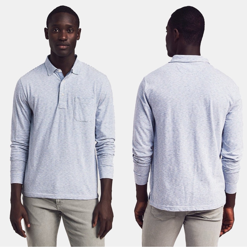 Faherty Men’s Long Sleeve Blue Striped Washed Casual Lived In Polo size Large